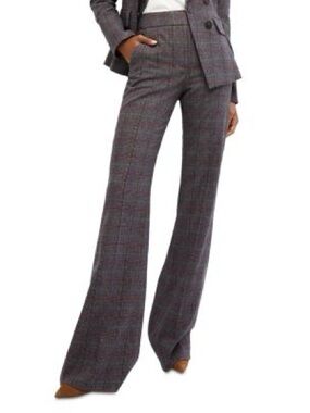 Veronica Beard Gray Plaid Wide-Leg Trousers with Subtle Red Windowpane